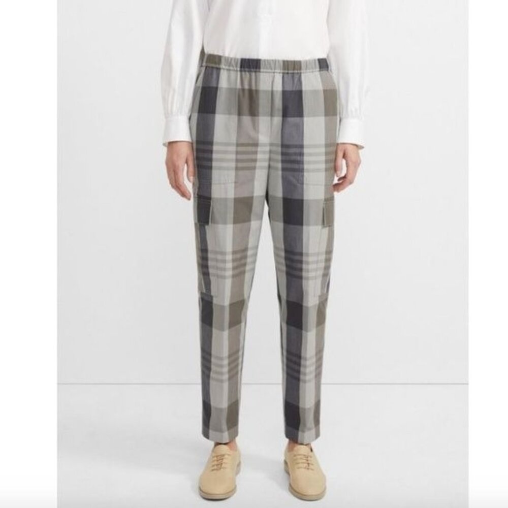 Theory Plaid Poplin Drawstring Cargo pant Size Small